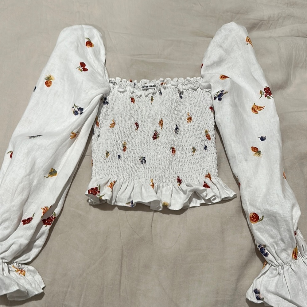 Reformation Tangerine Fruit Shirred Long Sleeve Top XS